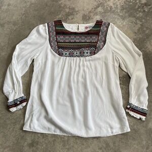 Llana Blouse Womens Large Embroidered Bib Neckline Boho‎ White Multicolored